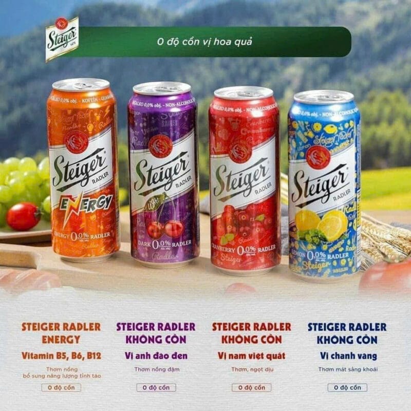 Bia Steiger energy-vị anh đào-nam việt quất- chanh vàng-bưởi hồng